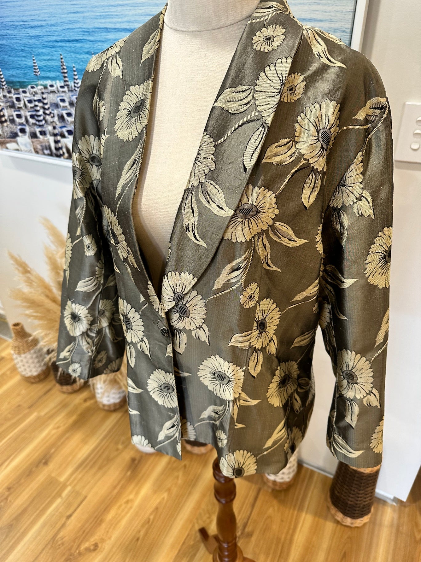 T.O.A.T - 100% Silk - Made in New Zealand - Blazer - Size 14 - Grey / Gold