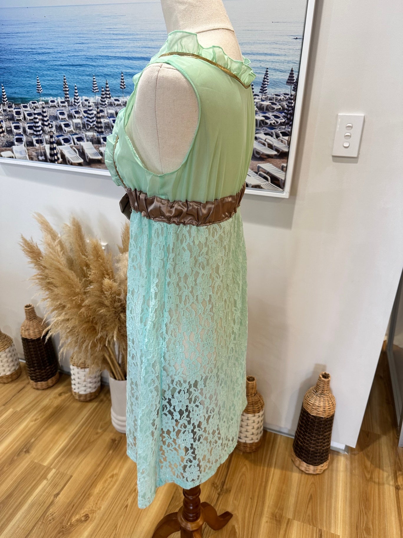 Vintage 90's - Babydoll Dress - Aqua / Gold - Lace