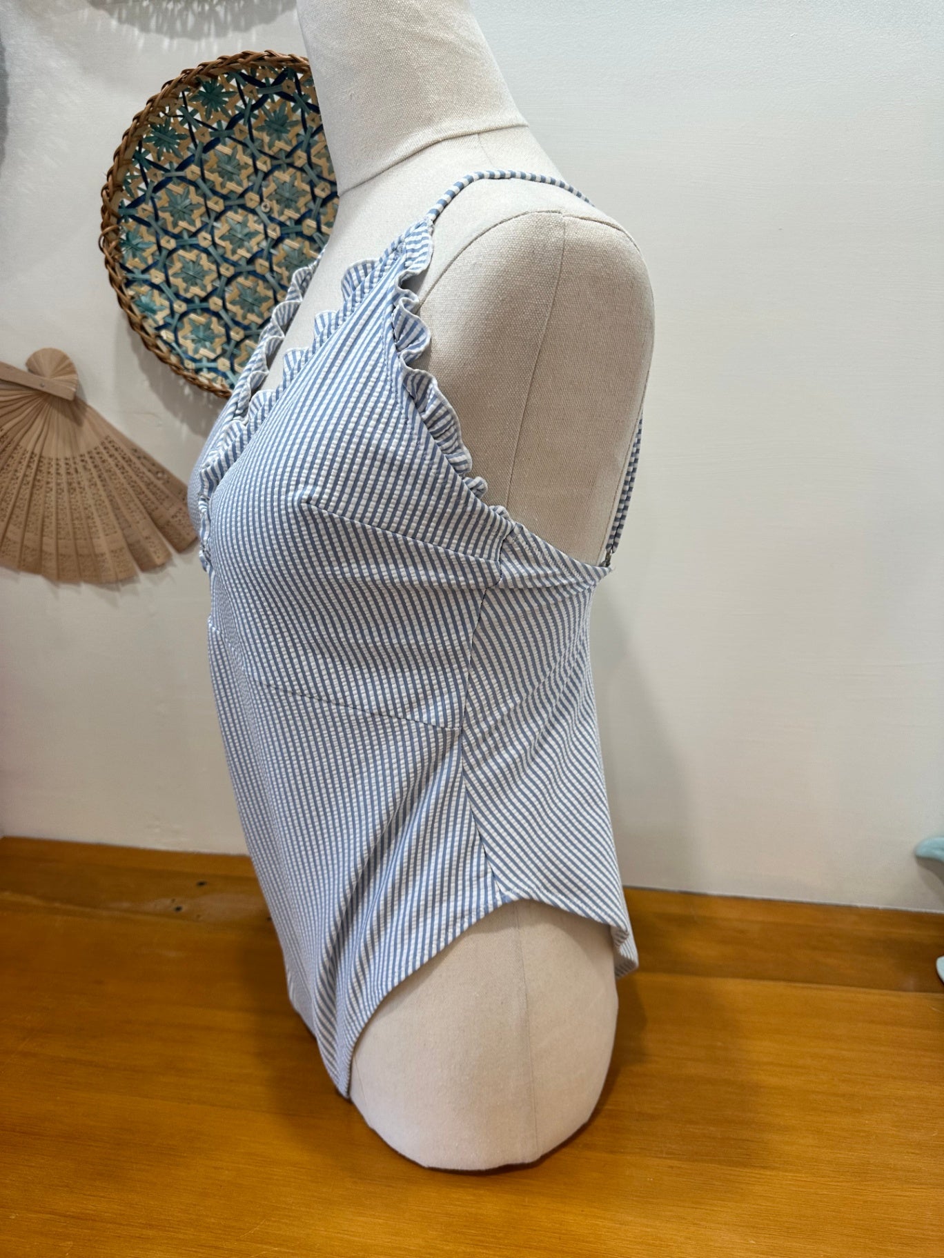 One Piece Swimsuit - Small - Pale Blue Stripes