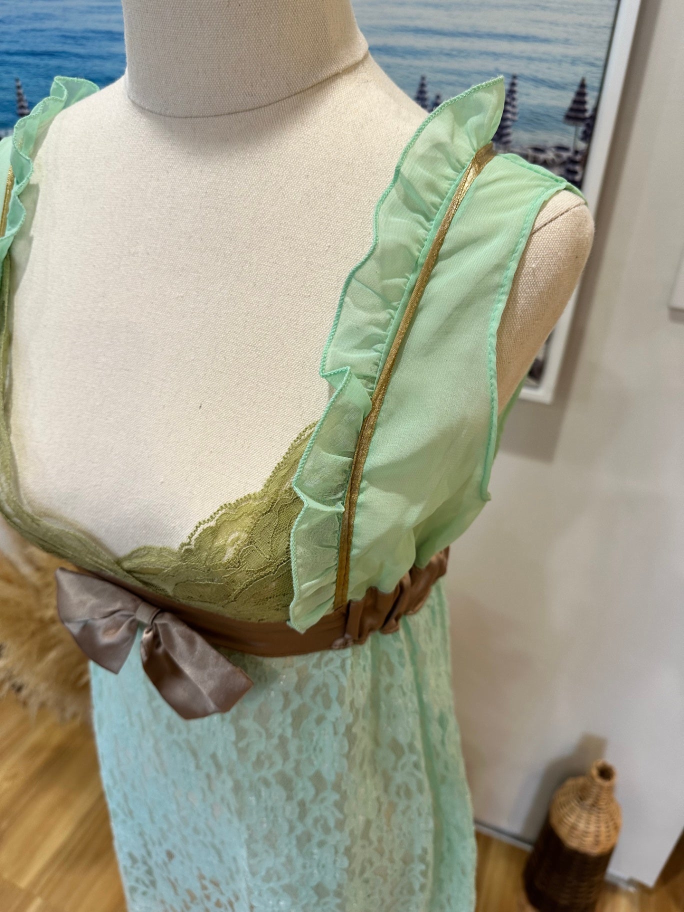 Vintage 90's - Babydoll Dress - Aqua / Gold - Lace