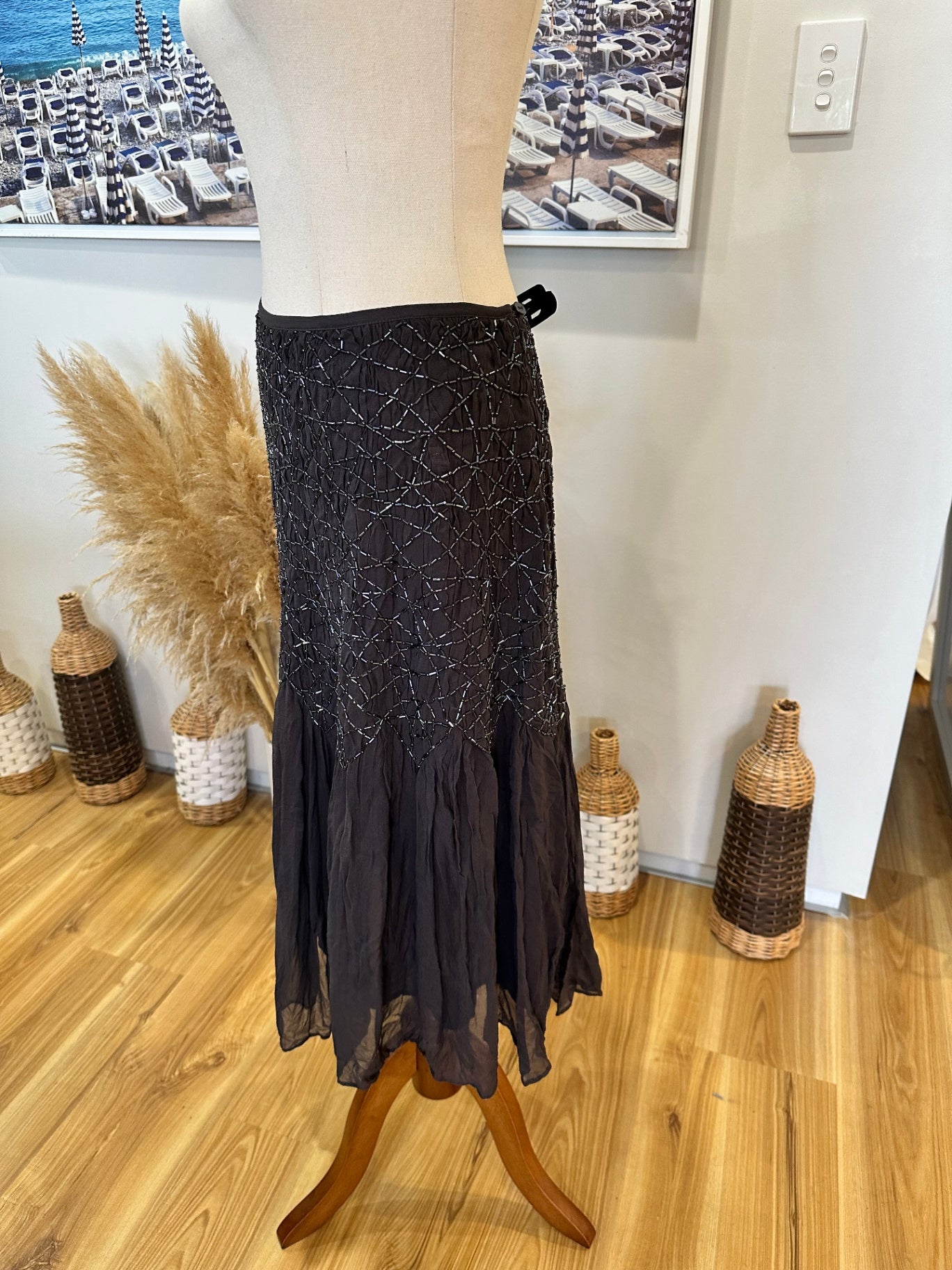 Jacqui-E - 100% Silk Embroidered Skirt - Grey