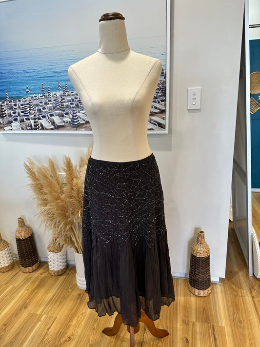 Jacqui-E - 100% Silk Embroidered Skirt - Grey