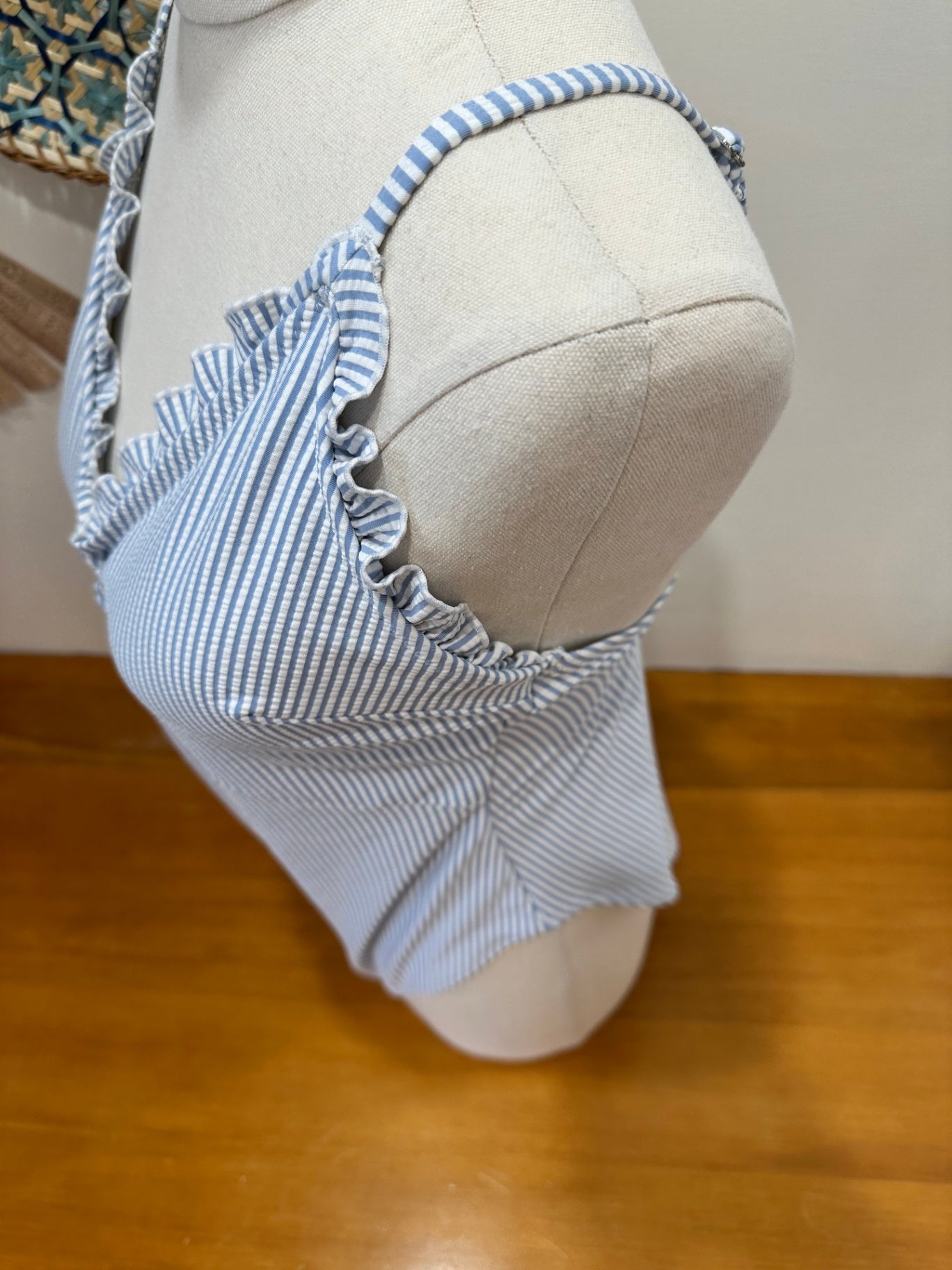 One Piece Swimsuit - Small - Pale Blue Stripes