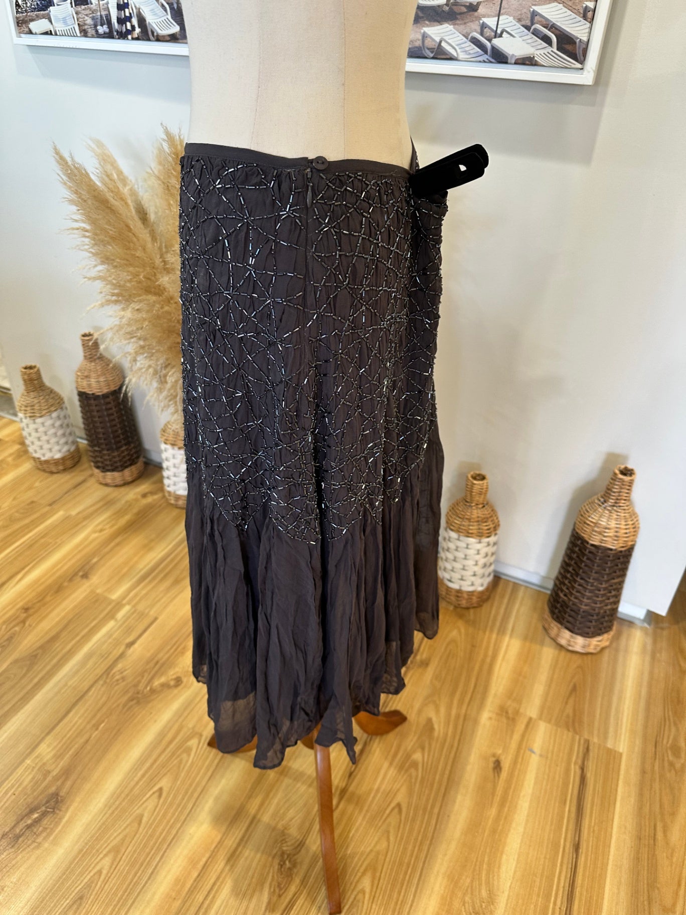 Jacqui-E - 100% Silk Embroidered Skirt - Grey