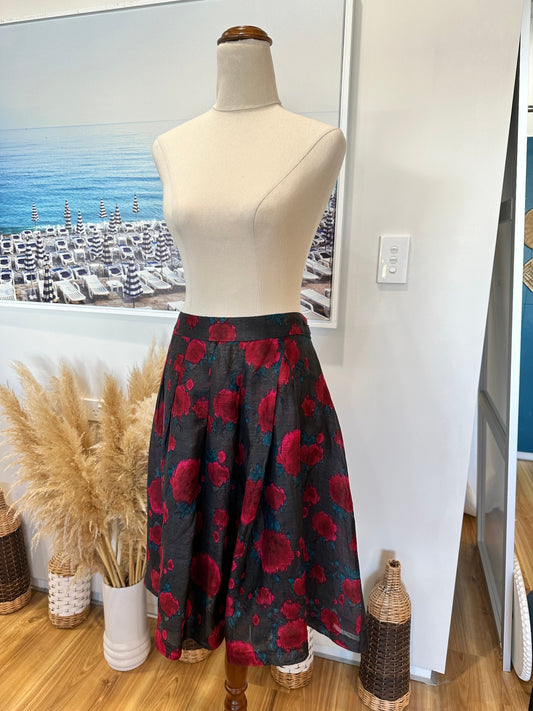 David Lawrence - Skirt - Size 12 - Navy with red floral pattern