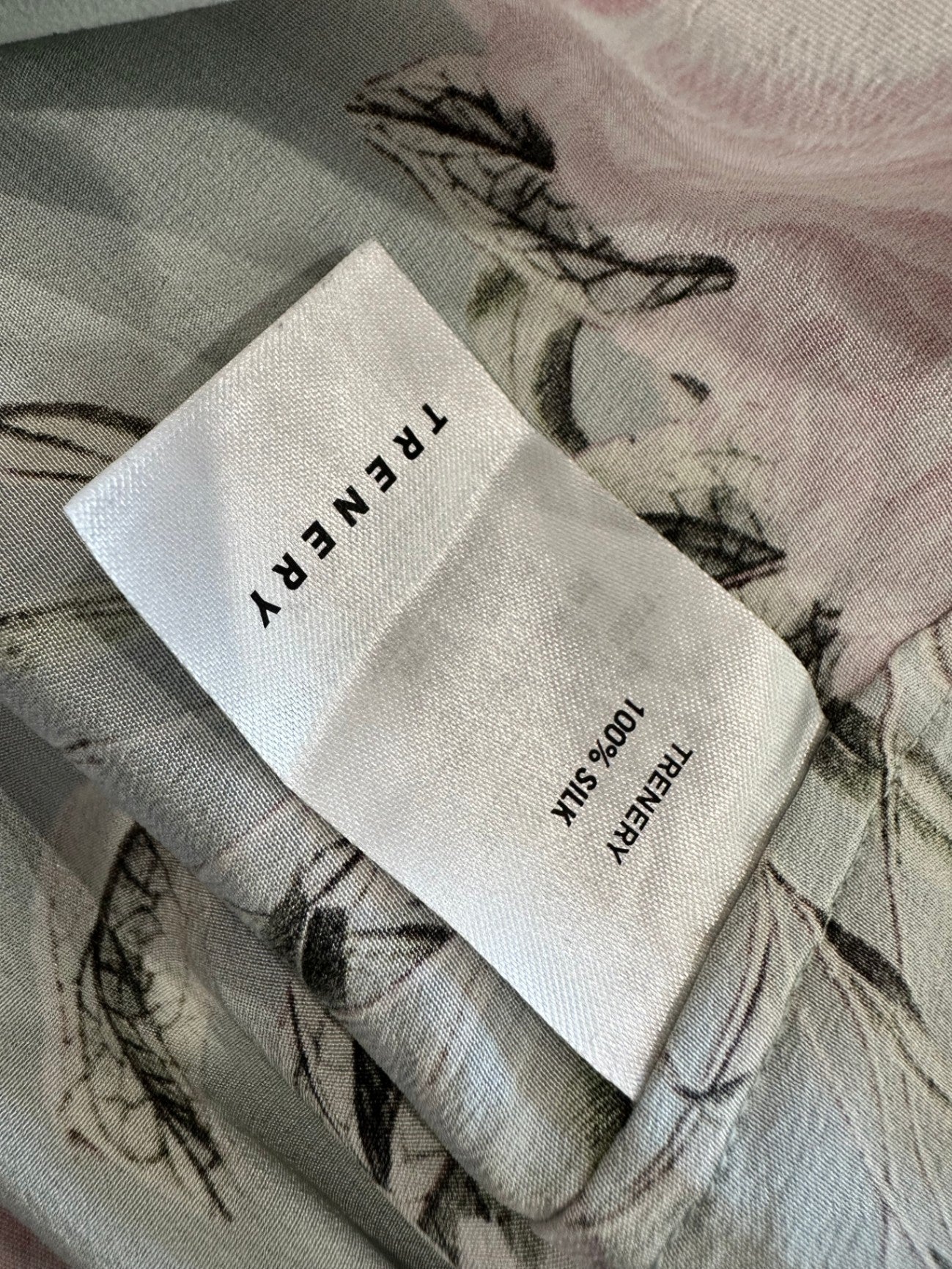 Trenery - 100% Pure Silk Blouse - Size 10 - Green with Pink and White Floral Pattern