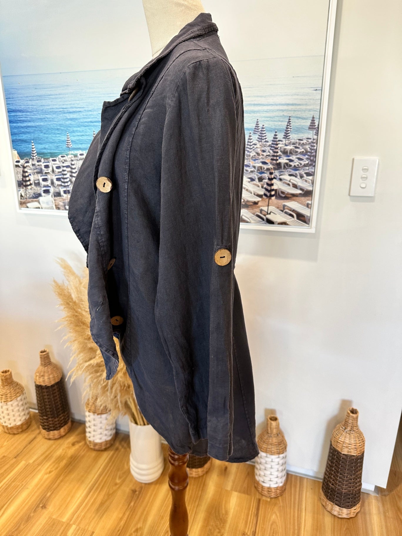 Miss Sugar - 100% Linen Jacket - Large - Blue / Grey