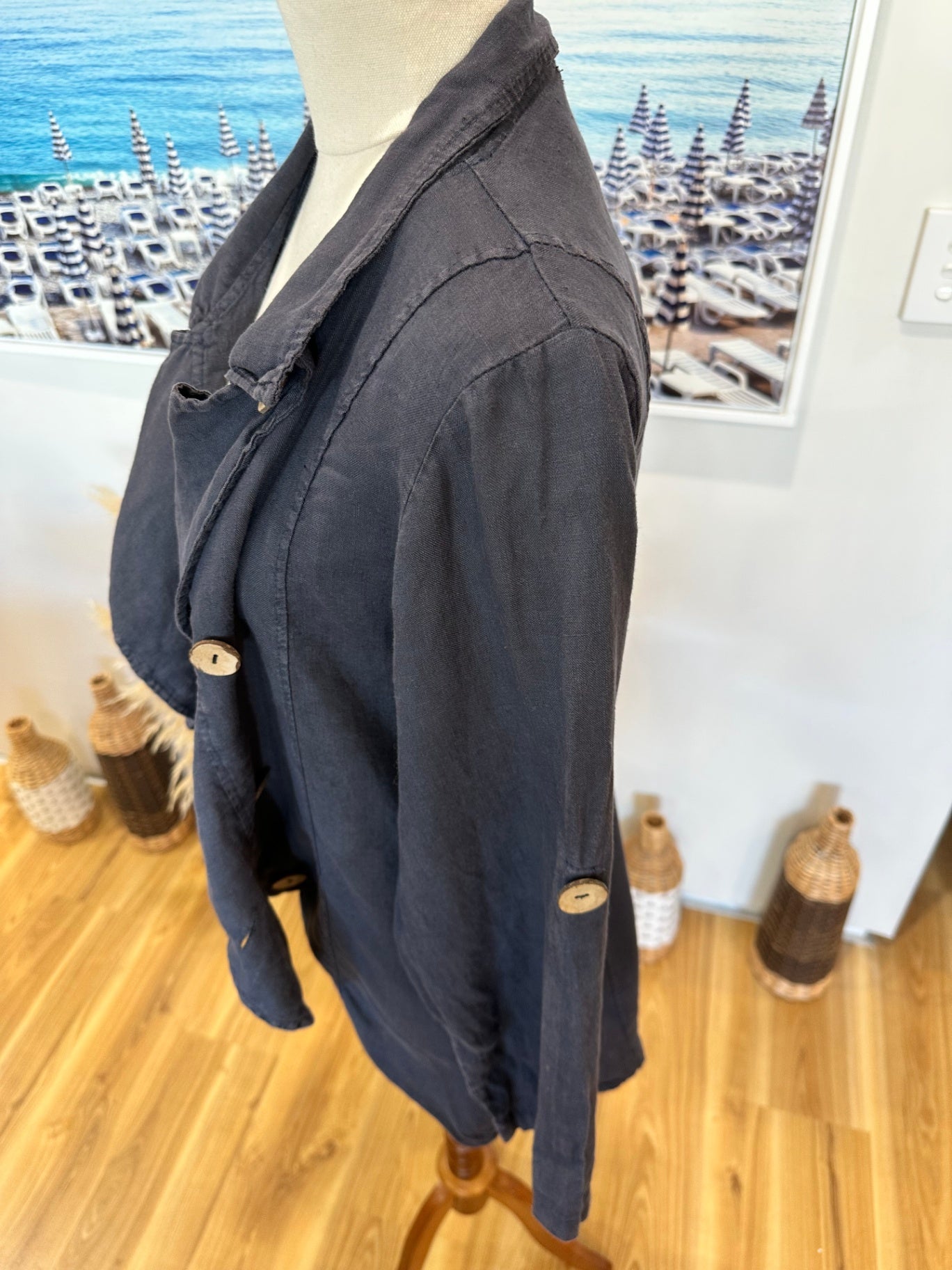 Miss Sugar - 100% Linen Jacket - Large - Blue / Grey