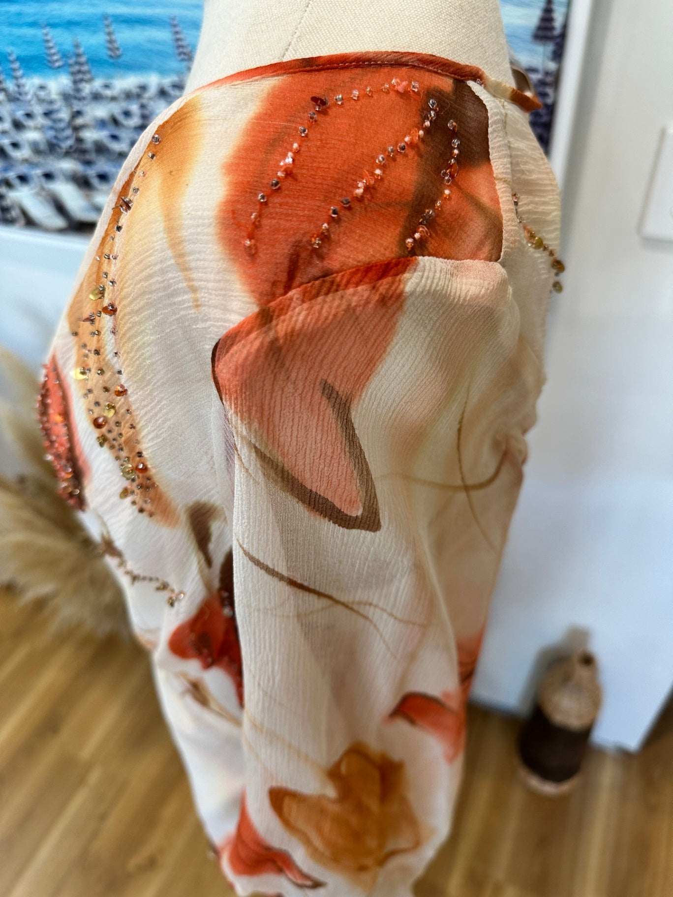 Wallis Blouse - Size 18 - 100% Silk - Beige with orange and brown floral patterns