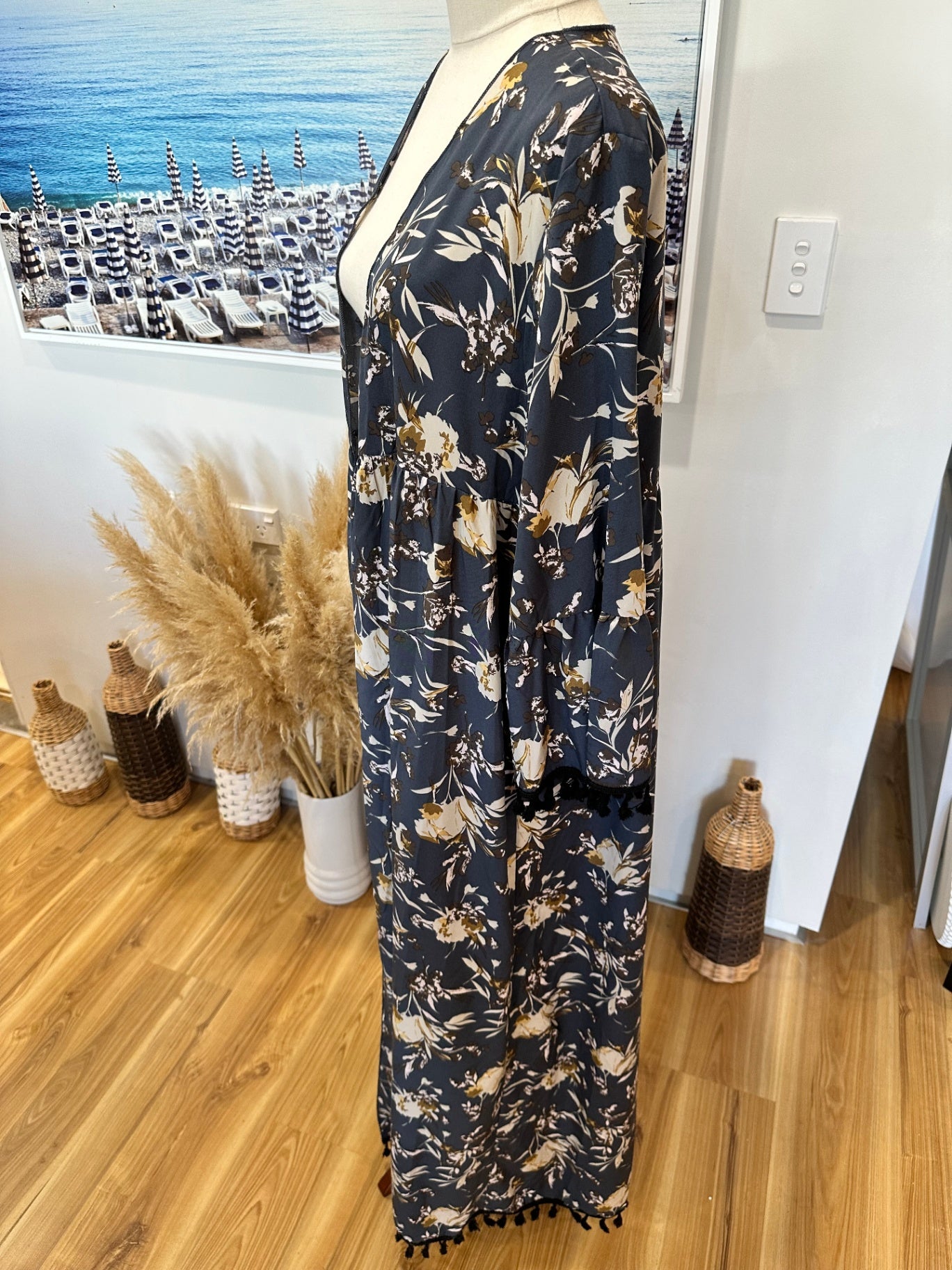 Kaftan - One Size - Navy blue with floral pattern 