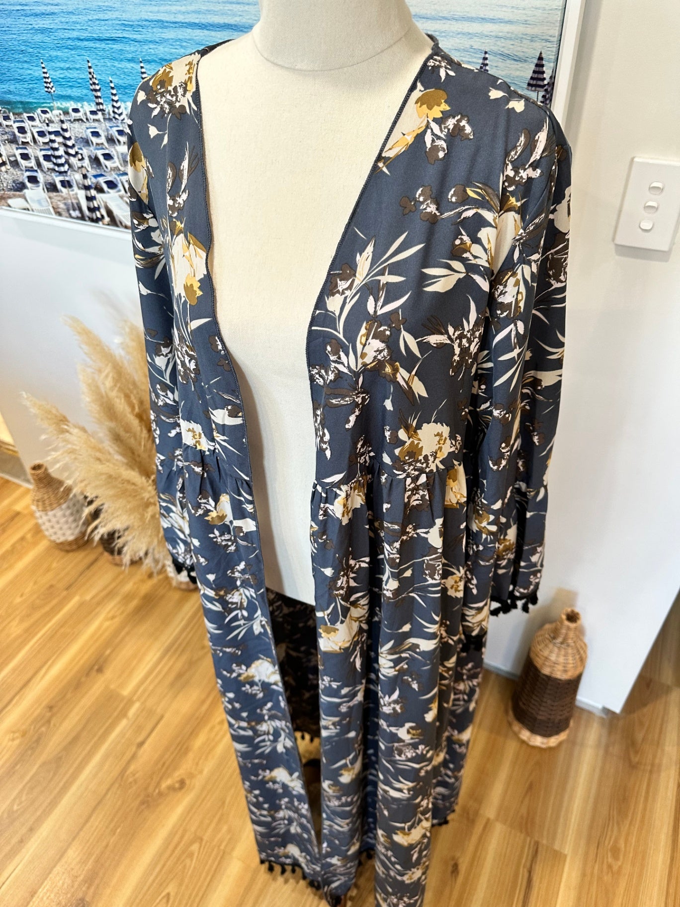 Kaftan - One Size - Navy blue with floral pattern 