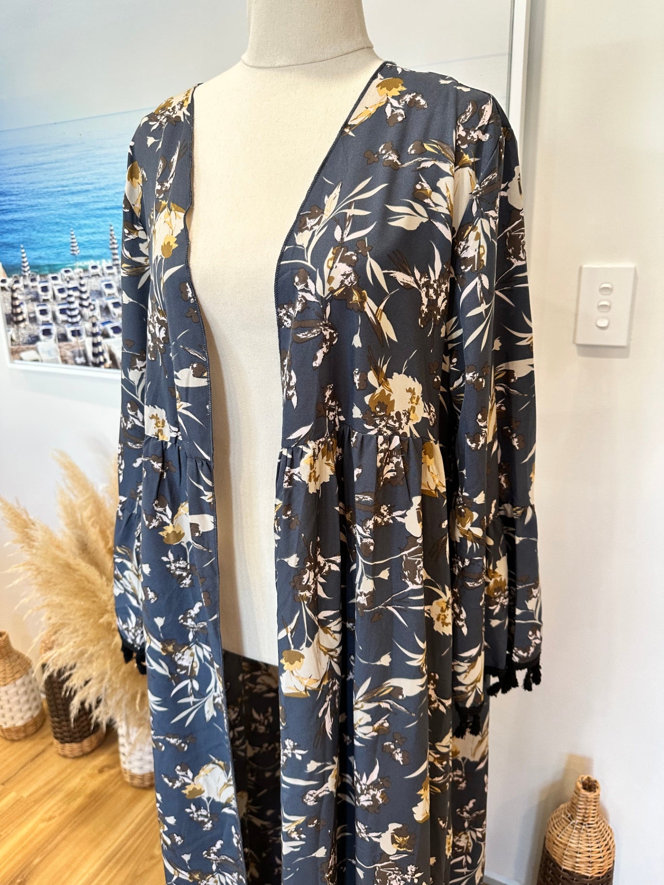 Kaftan - One Size - Navy blue with floral pattern 