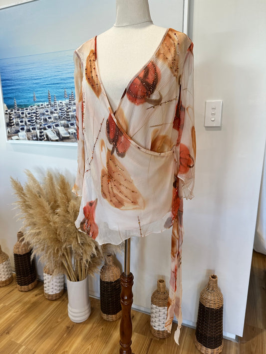 Wallis Blouse - Size 18 - 100% Silk - Beige with orange and brown floral patterns