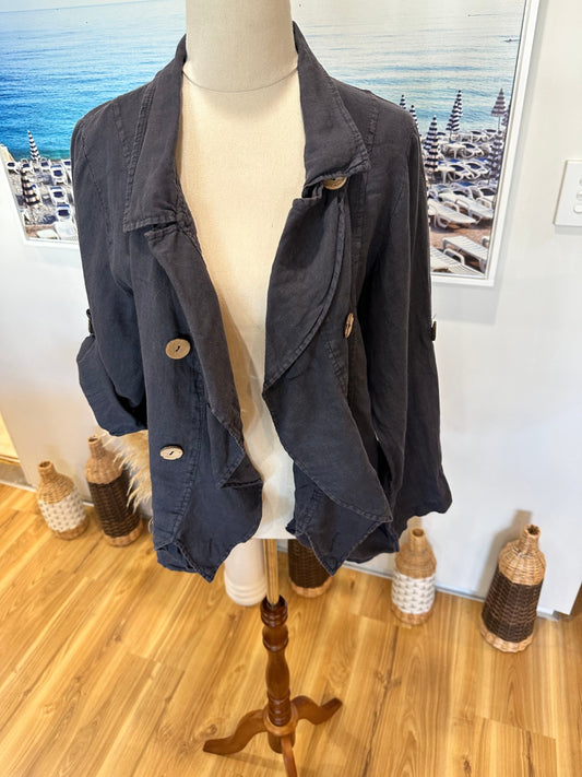 Miss Sugar - 100% Linen Jacket - Large - Blue / Grey