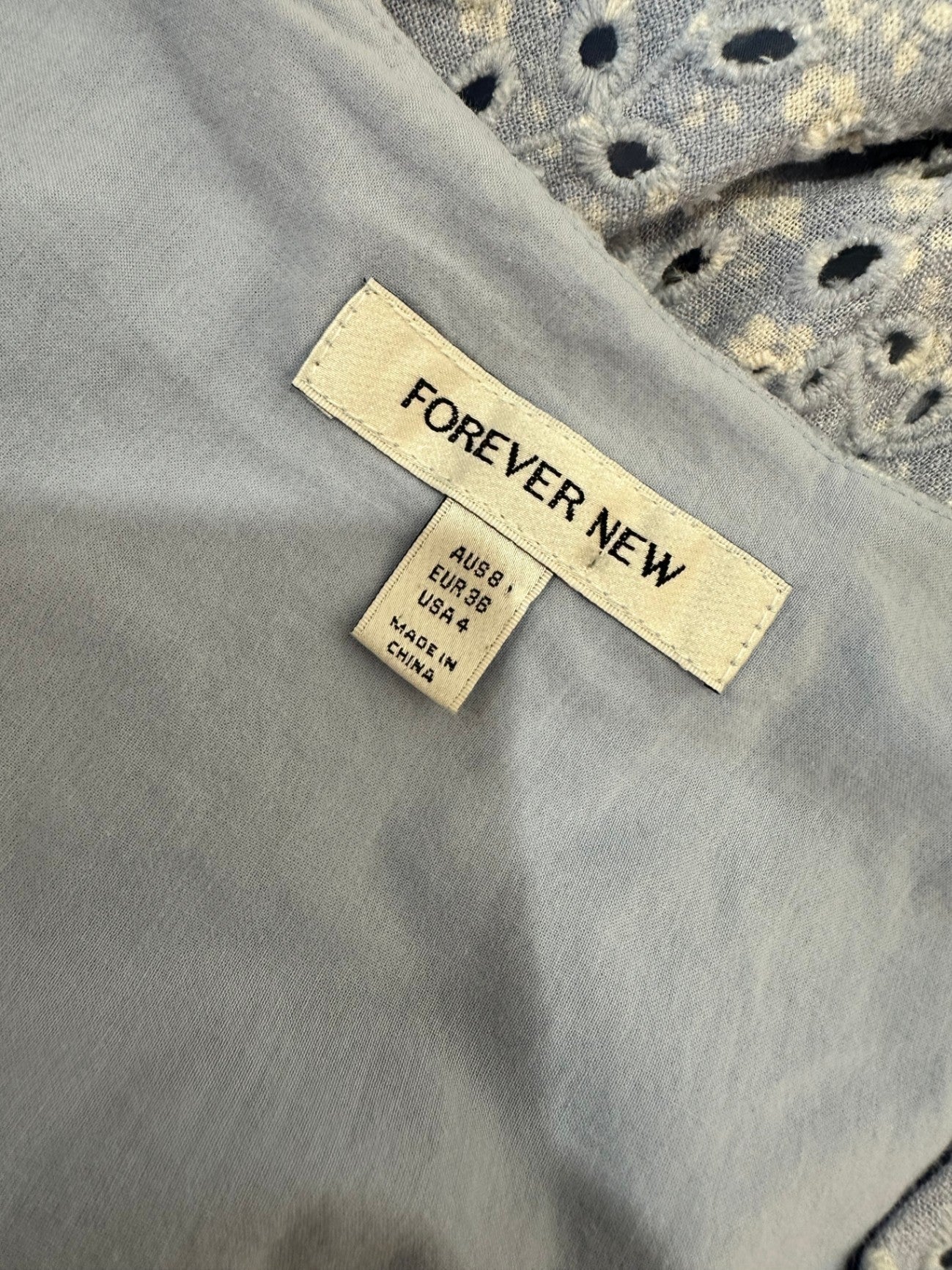 Forever New - Broderie Summer Dress - Size 8 - Light blue