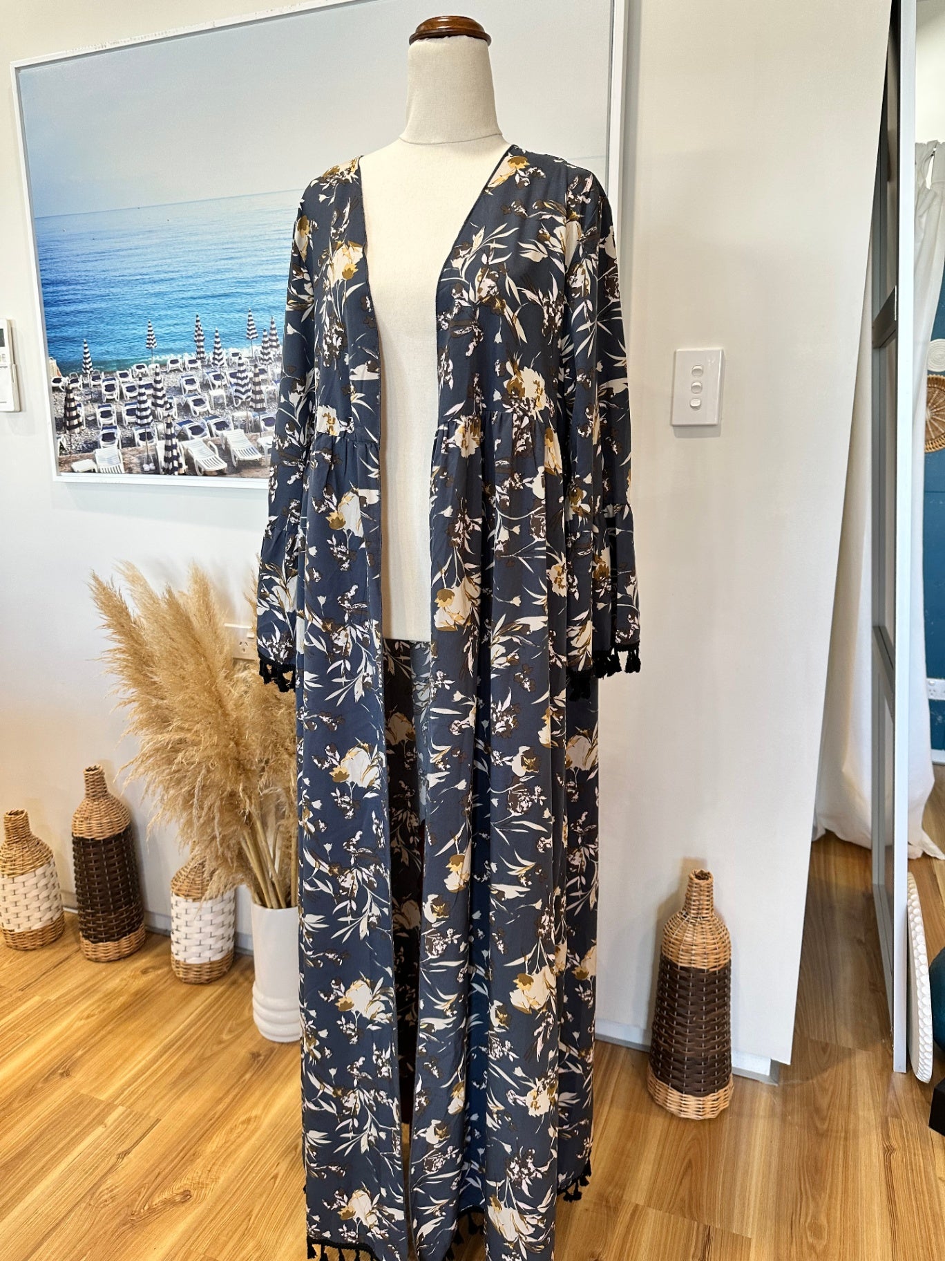Kaftan - One Size - Navy blue with floral pattern 