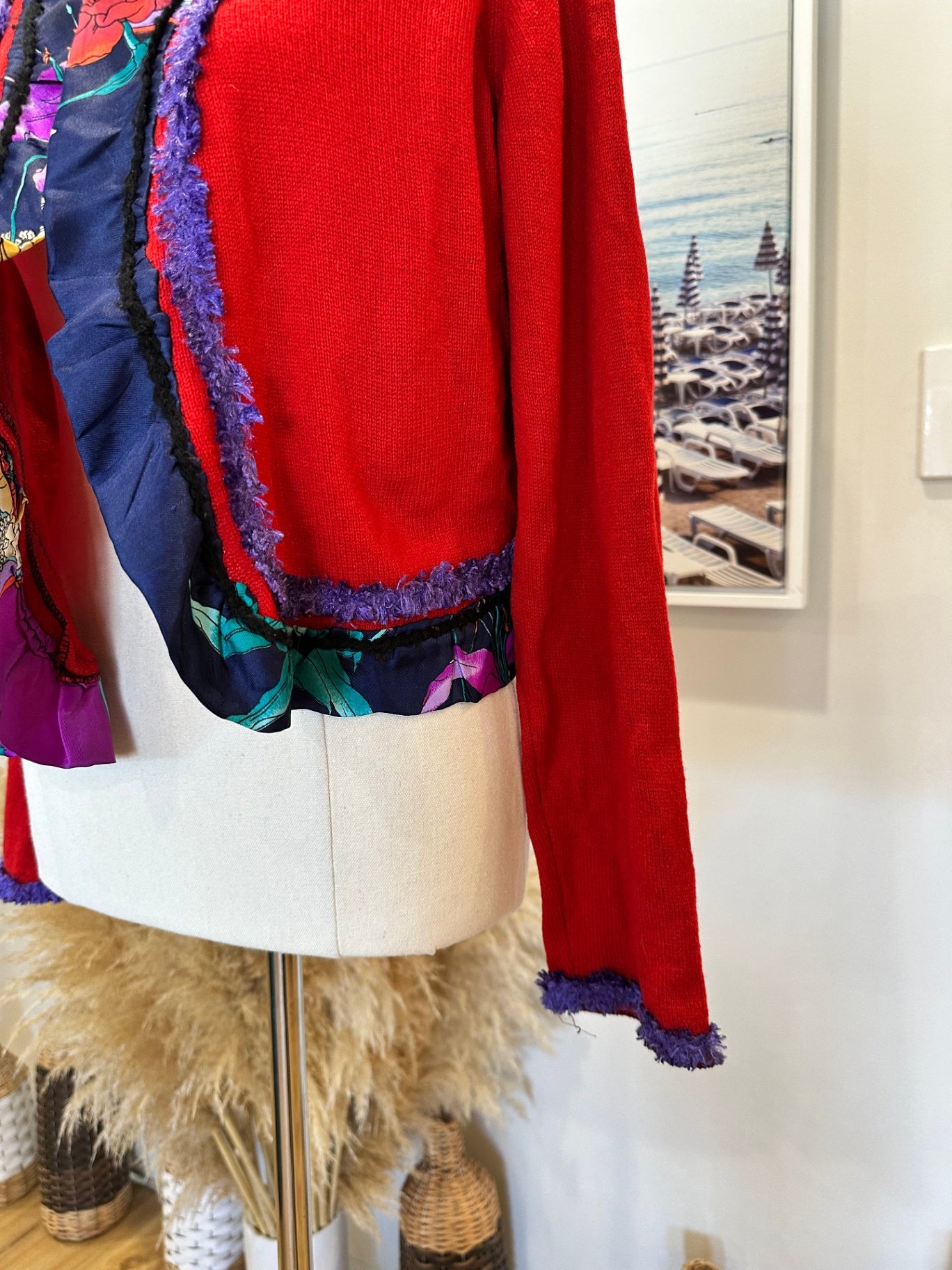 Vintage / Handmade - Cropped Cardigan - Small / Medium - Red + Purple