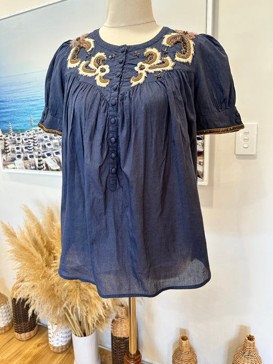 French Connection Blouse - Size 6 - Navy w Sequins <NEW>