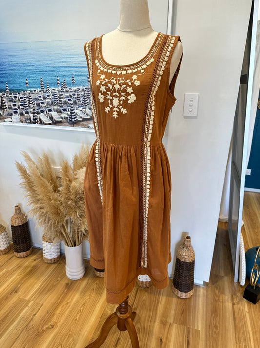 100% Cotton - Fat Face - Boho Dress - Size 10 - Brown