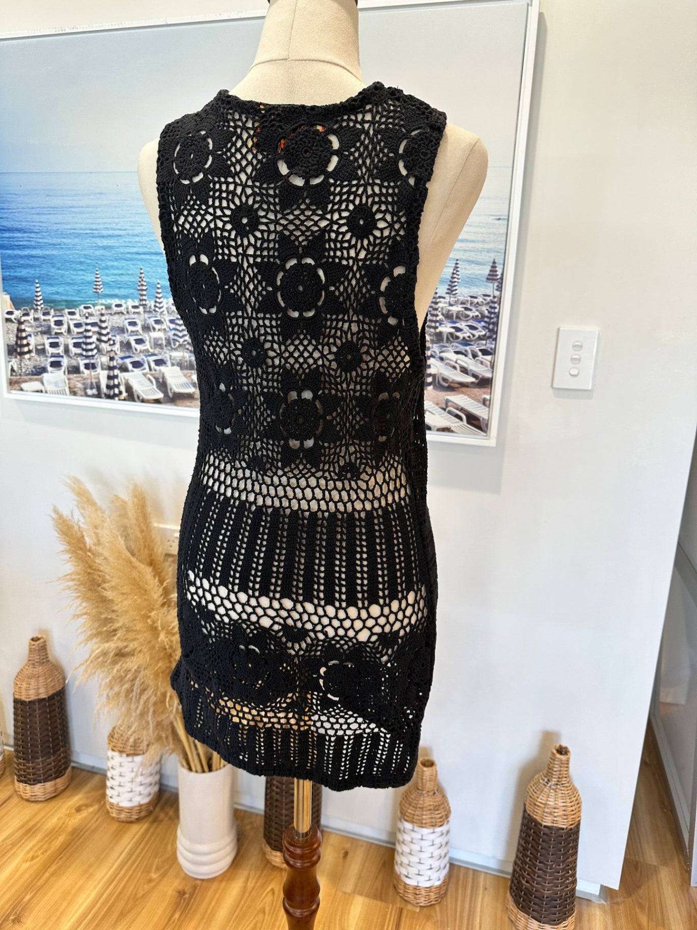 Vintage Bohemian Crochet Vest - Small - Black