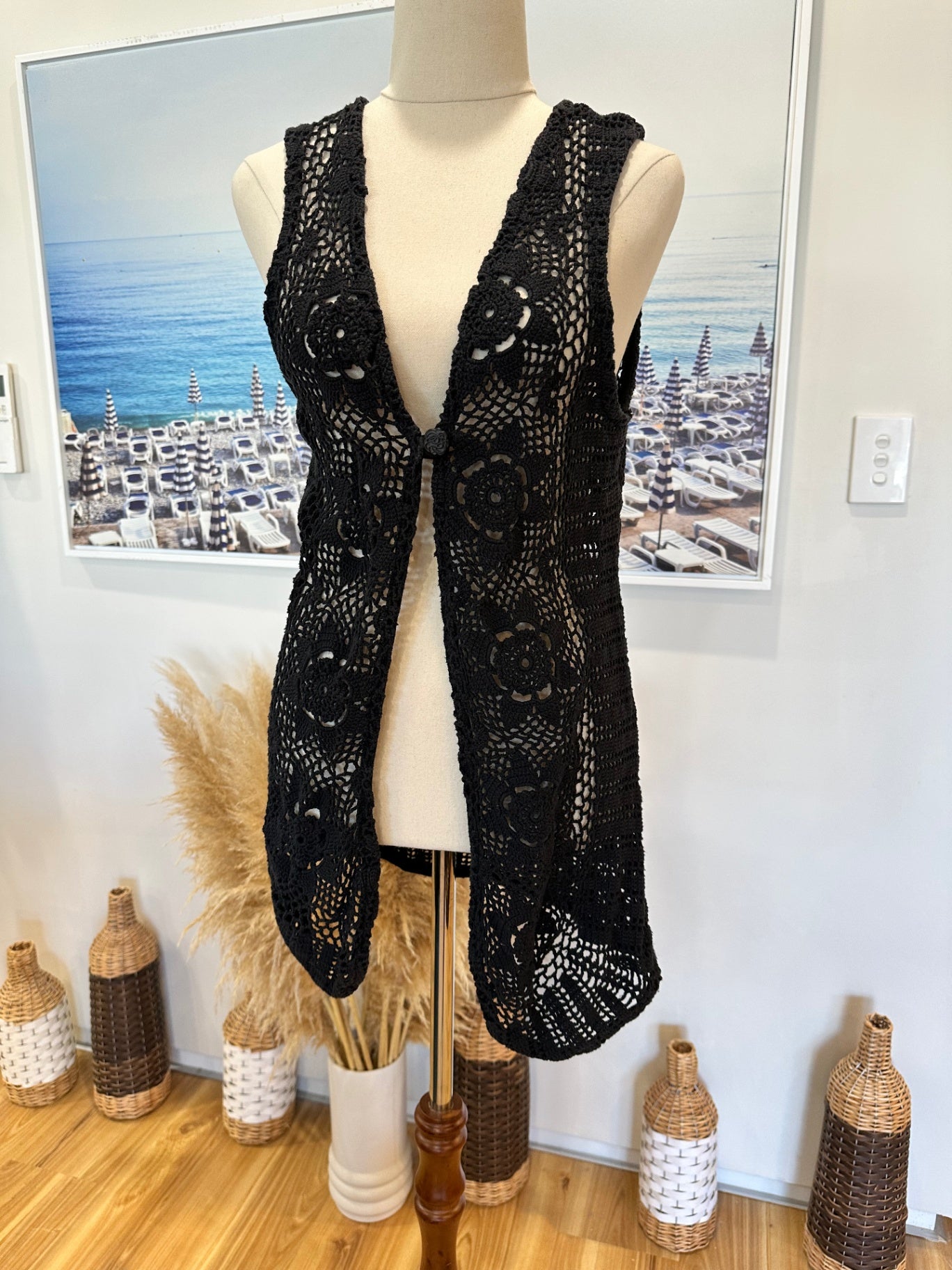 Vintage Bohemian Crochet Vest - Small - Black