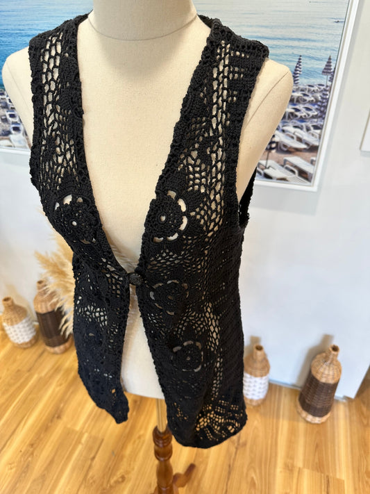 Vintage Bohemian Crochet Vest - Small - Black