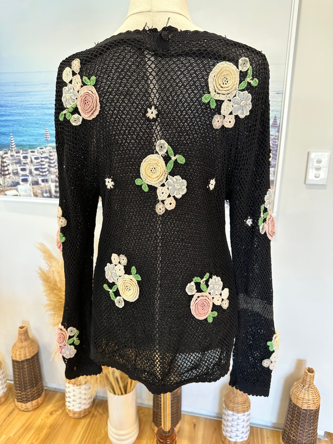 Vintage - Jumper - Small Black w Crochet Pastel Flowers