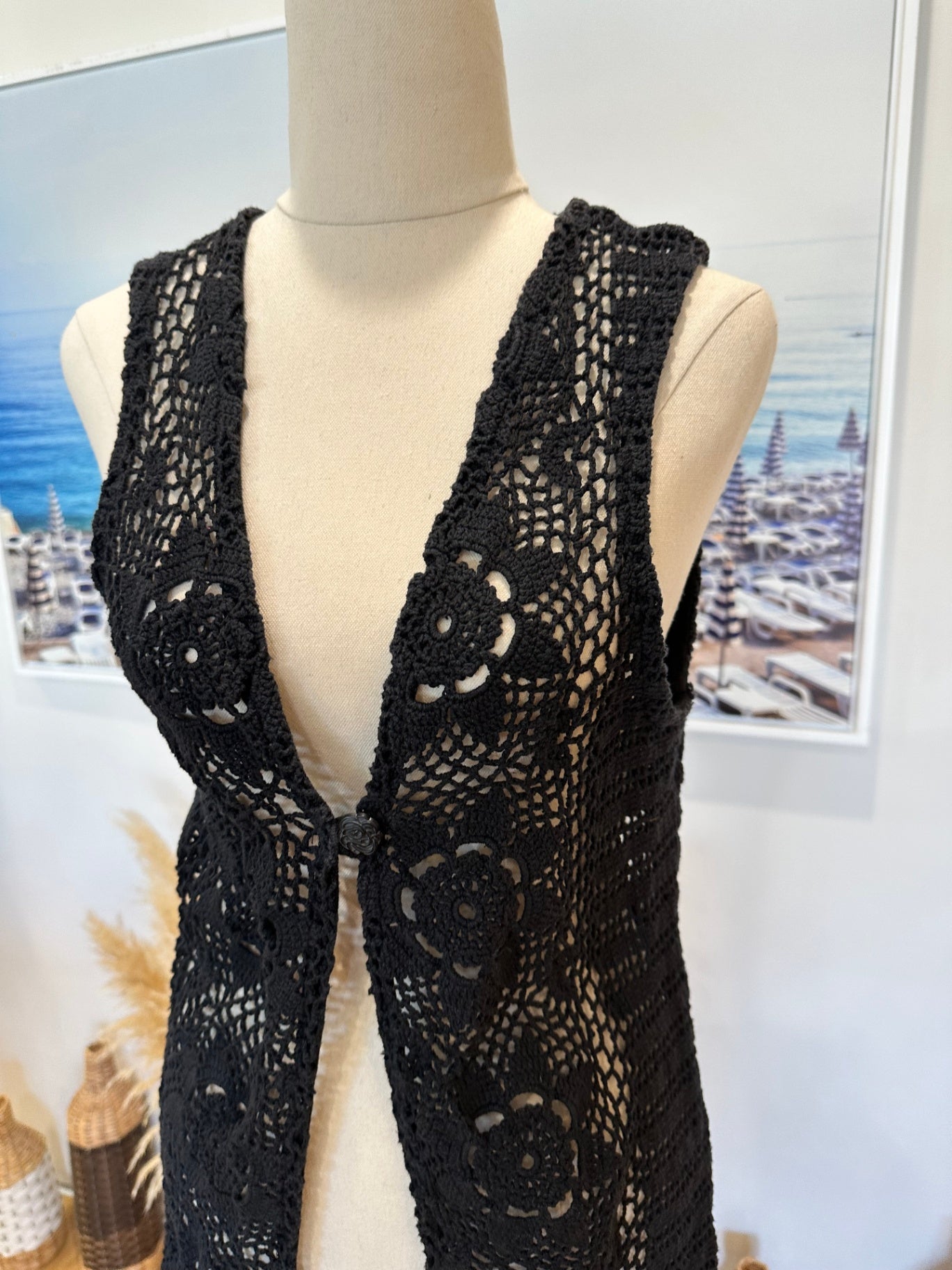 Vintage Bohemian Crochet Vest - Small - Black