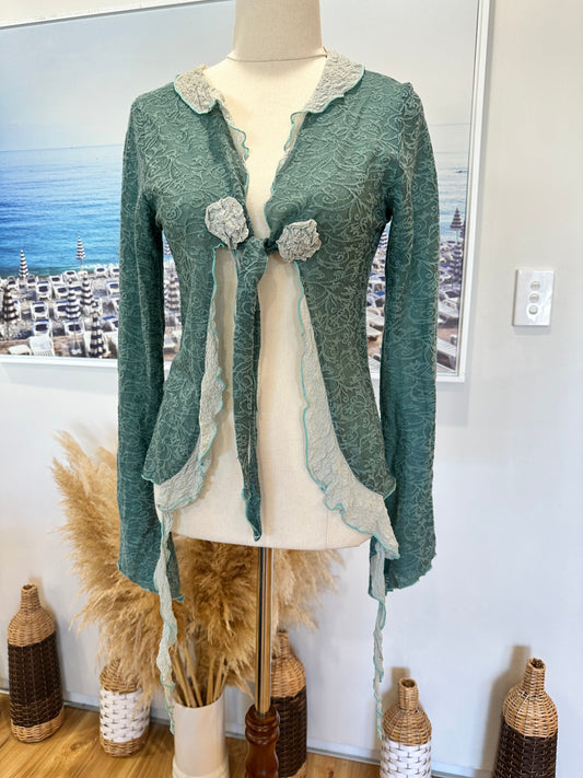 Annah Stretton - Cardigan - Medium - Green / Cream / Lace [Some pilling evident]