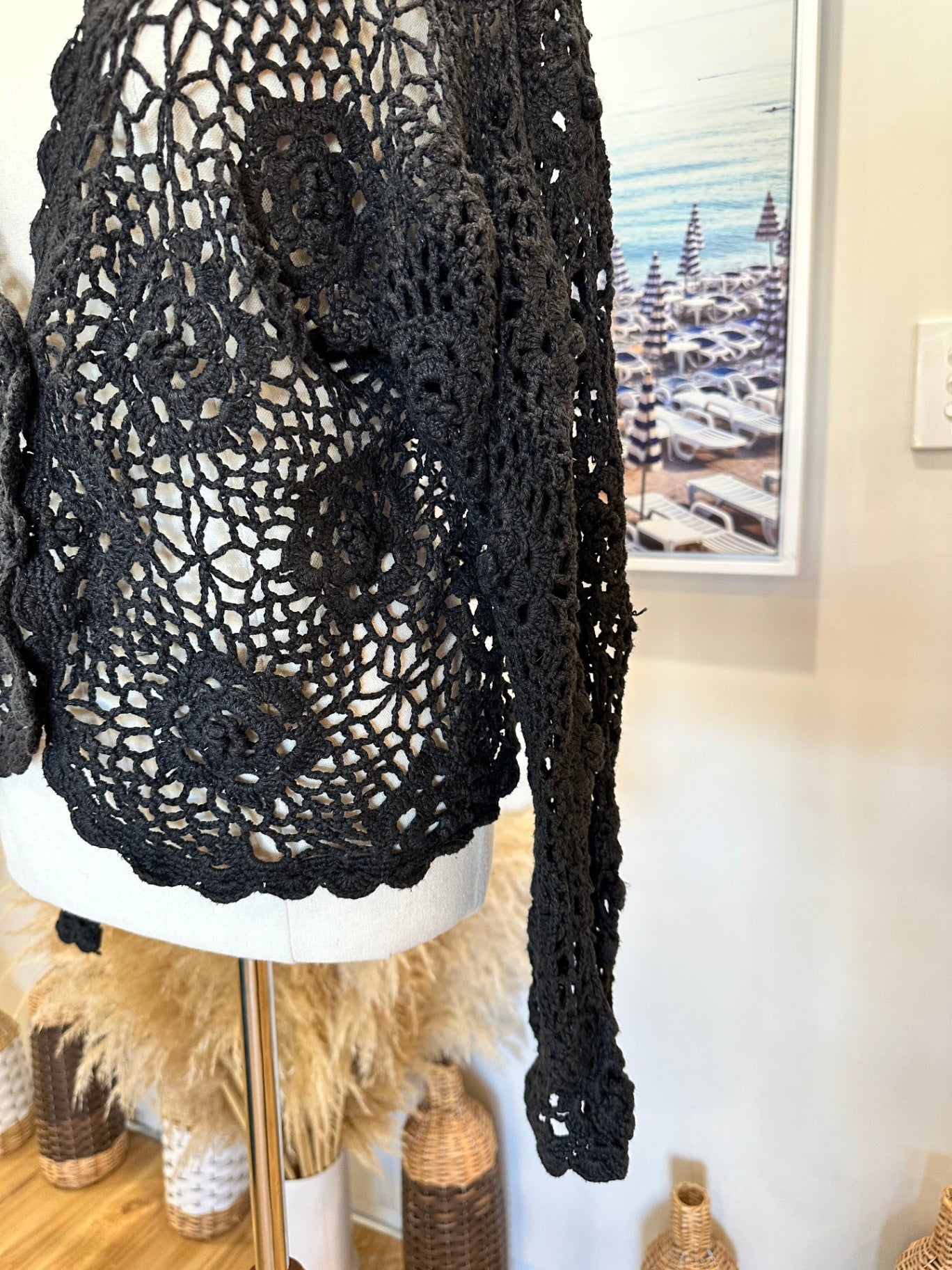 Vintage Crochet Cardigan - Small - Black