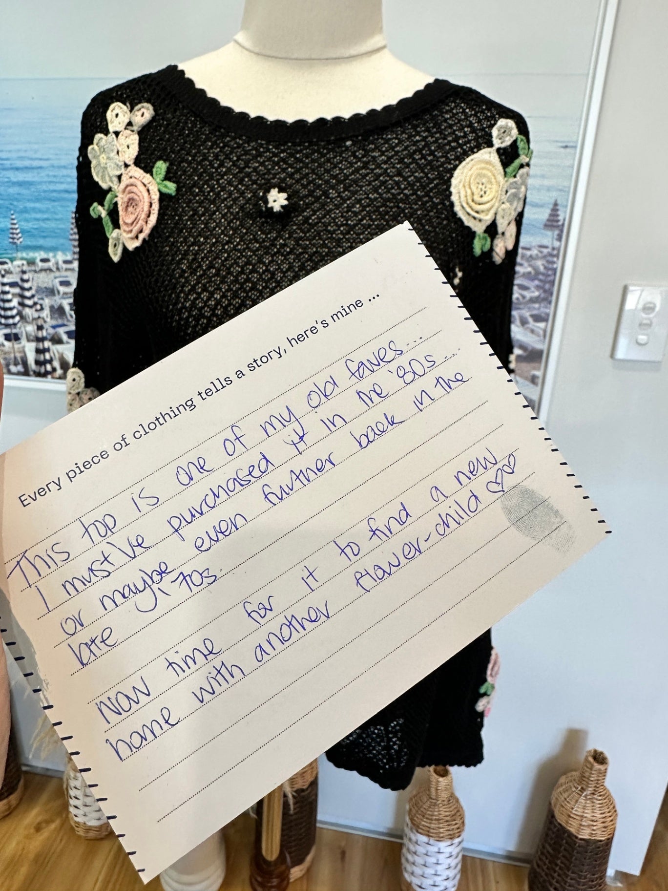 Vintage - Jumper - Small Black w Crochet Pastel Flowers