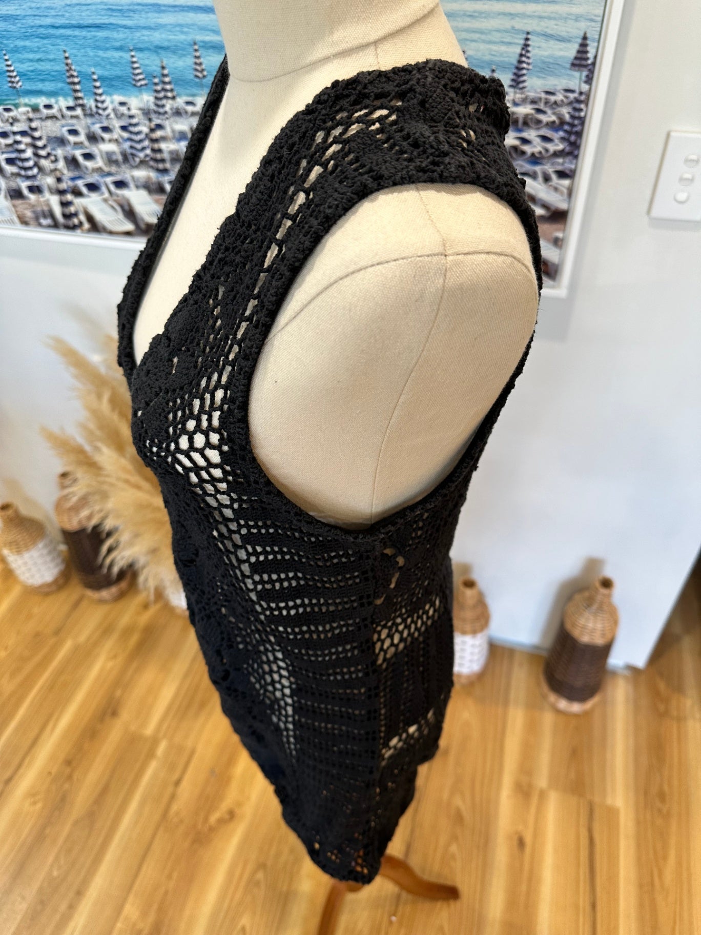 Vintage Bohemian Crochet Vest - Small - Black