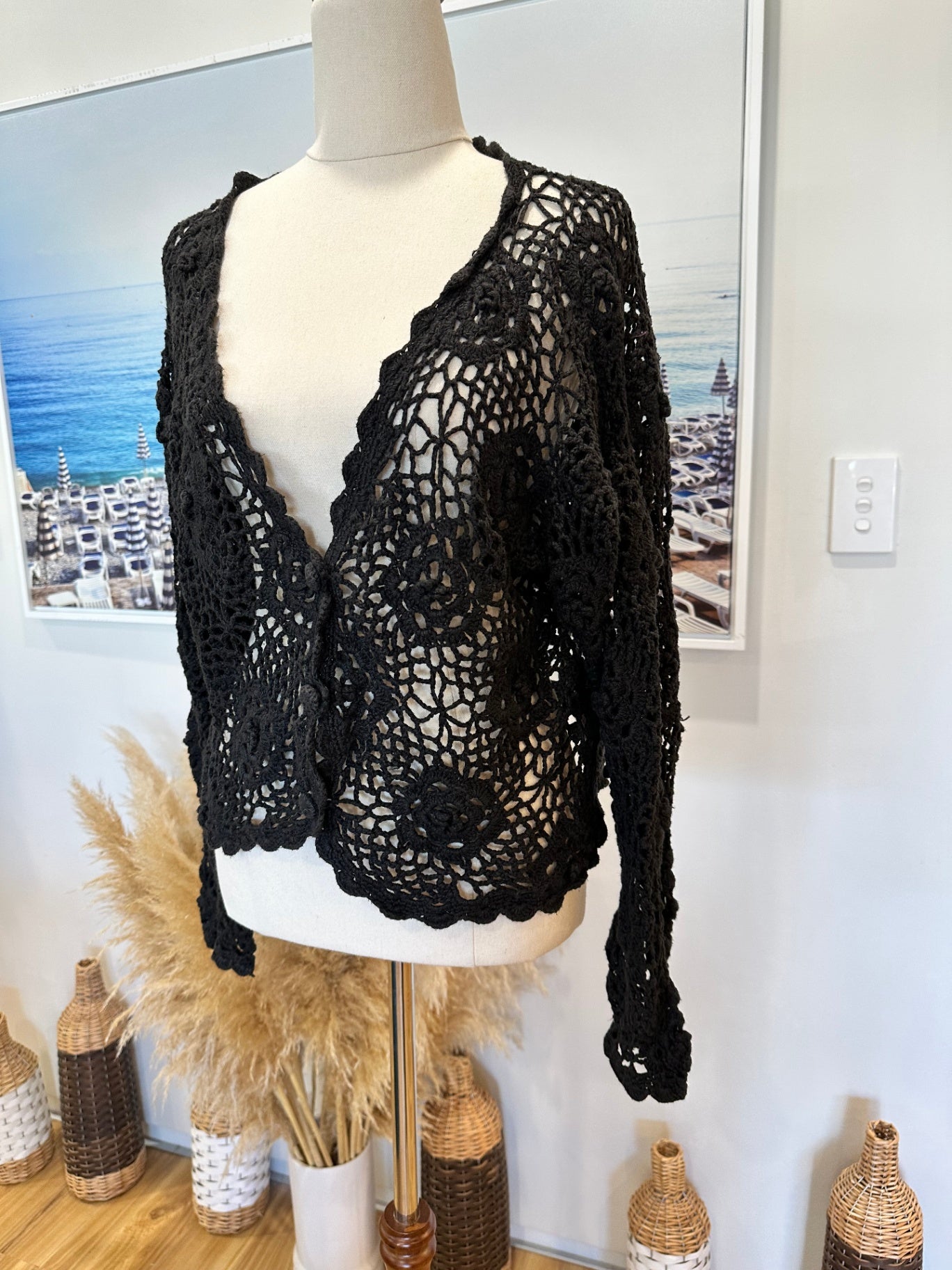 Vintage Crochet Cardigan - Small - Black