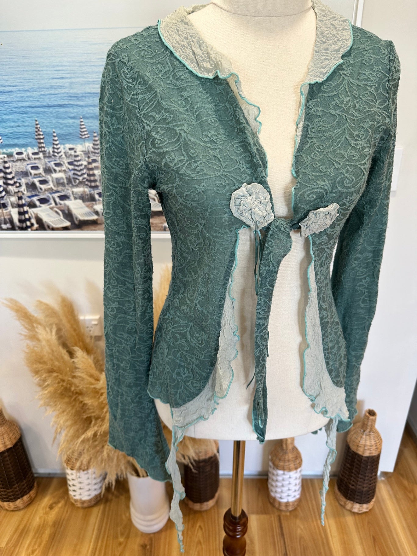 Annah Stretton - Cardigan - Medium - Green / Cream / Lace [Some pilling evident]