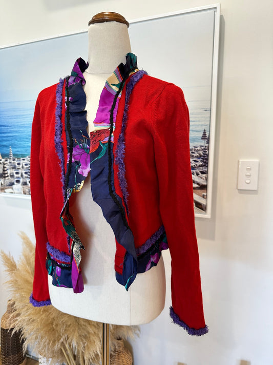 Vintage / Handmade - Cropped Cardigan - Small / Medium - Red + Purple