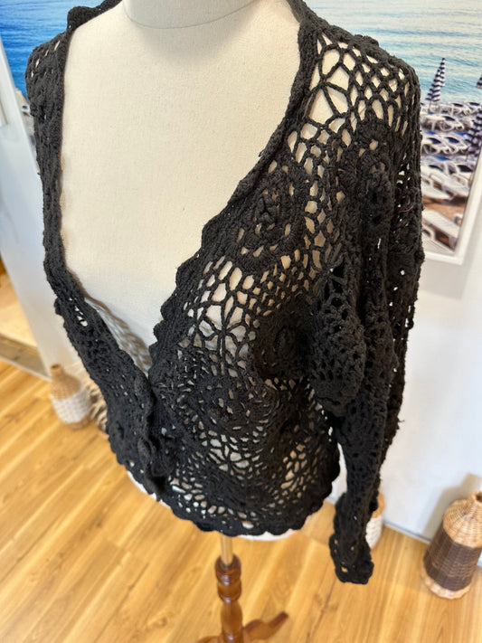 Vintage Crochet Cardigan - Small - Black
