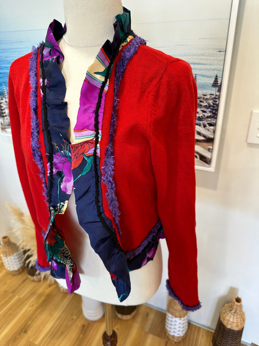 Vintage / Handmade - Cropped Cardigan - Small / Medium - Red + Purple