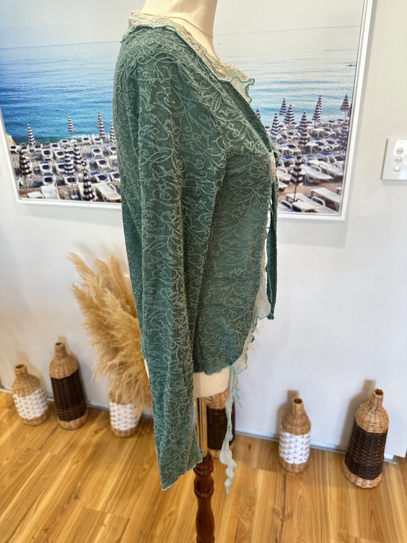 Annah Stretton - Cardigan - Medium - Green / Cream / Lace [Some pilling evident]