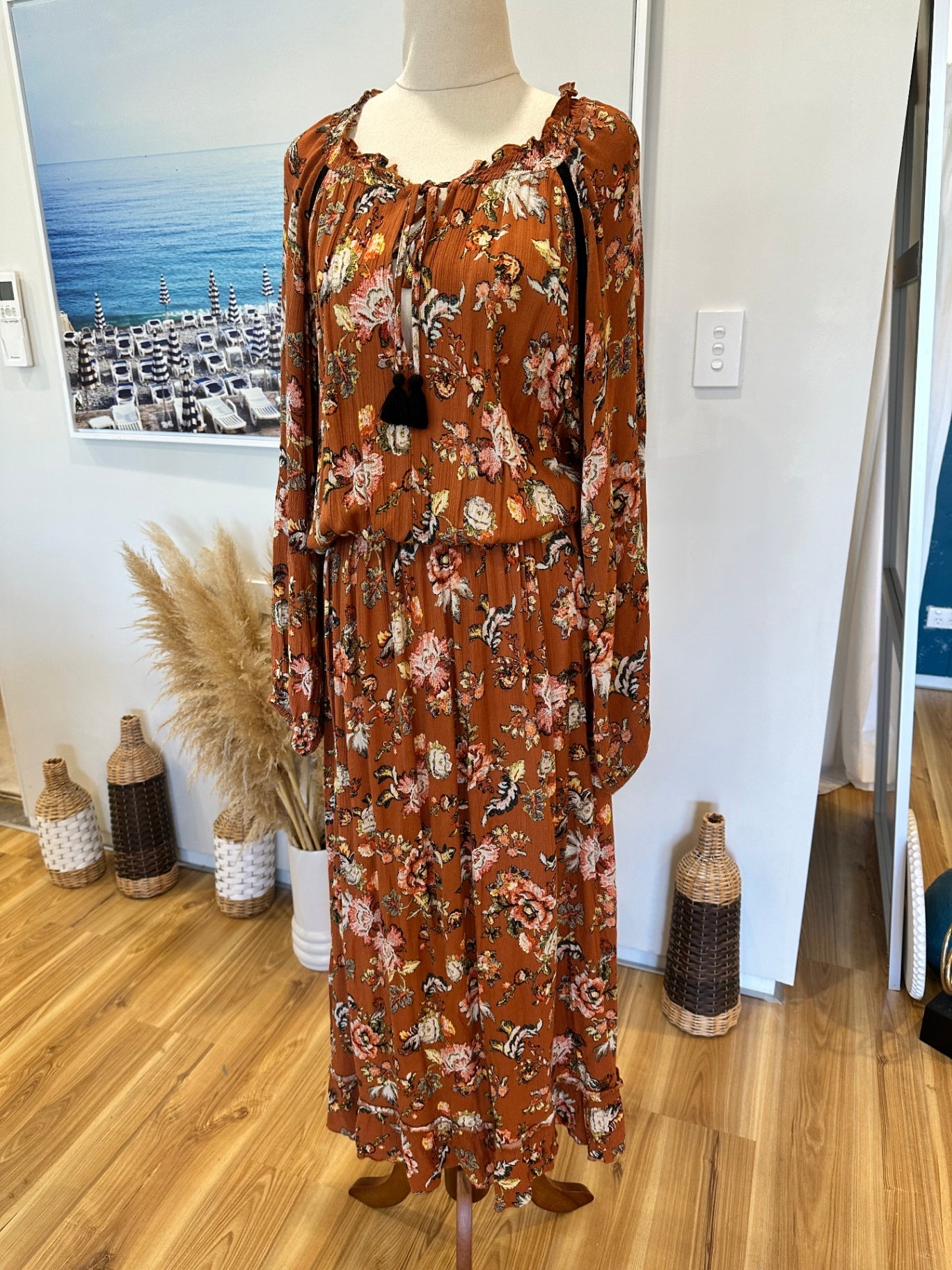 Isle of Mine - Bohemian Dress - Large / Extra Large - Brown with floral print