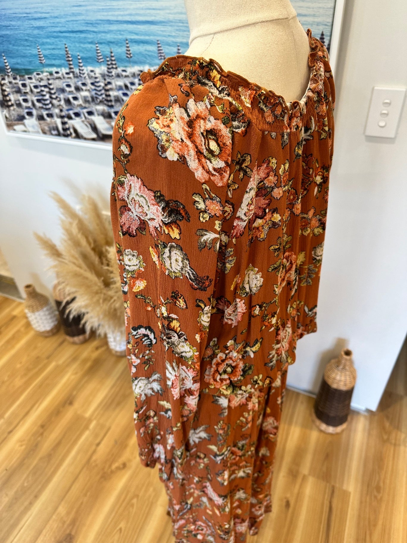 Isle of Mine - Bohemian Dress - Large / Extra Large - Brown with floral print
