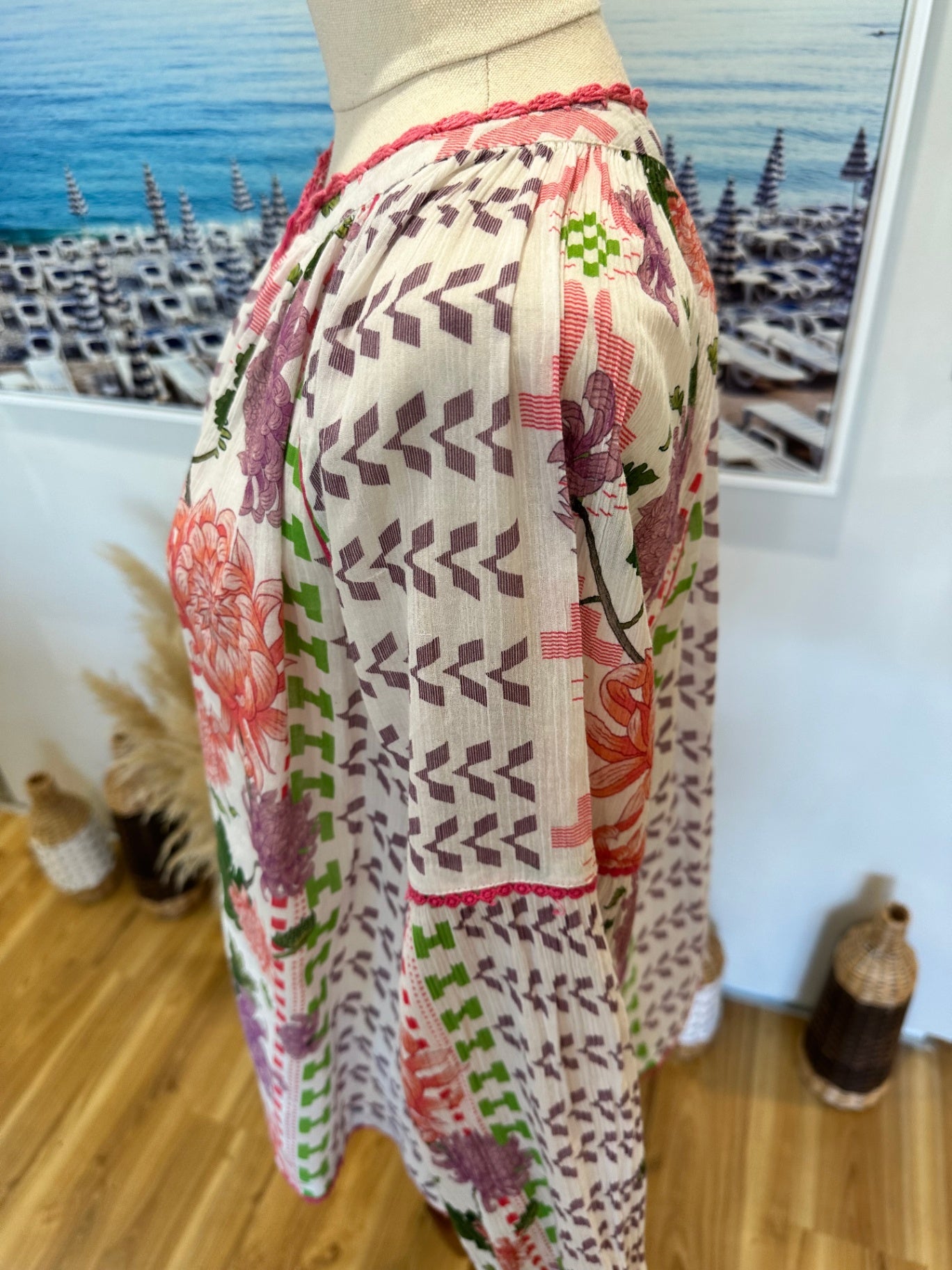 Place du Soleil - Bohemian Blouse - Medium White / Pink / Green - RRP: $225