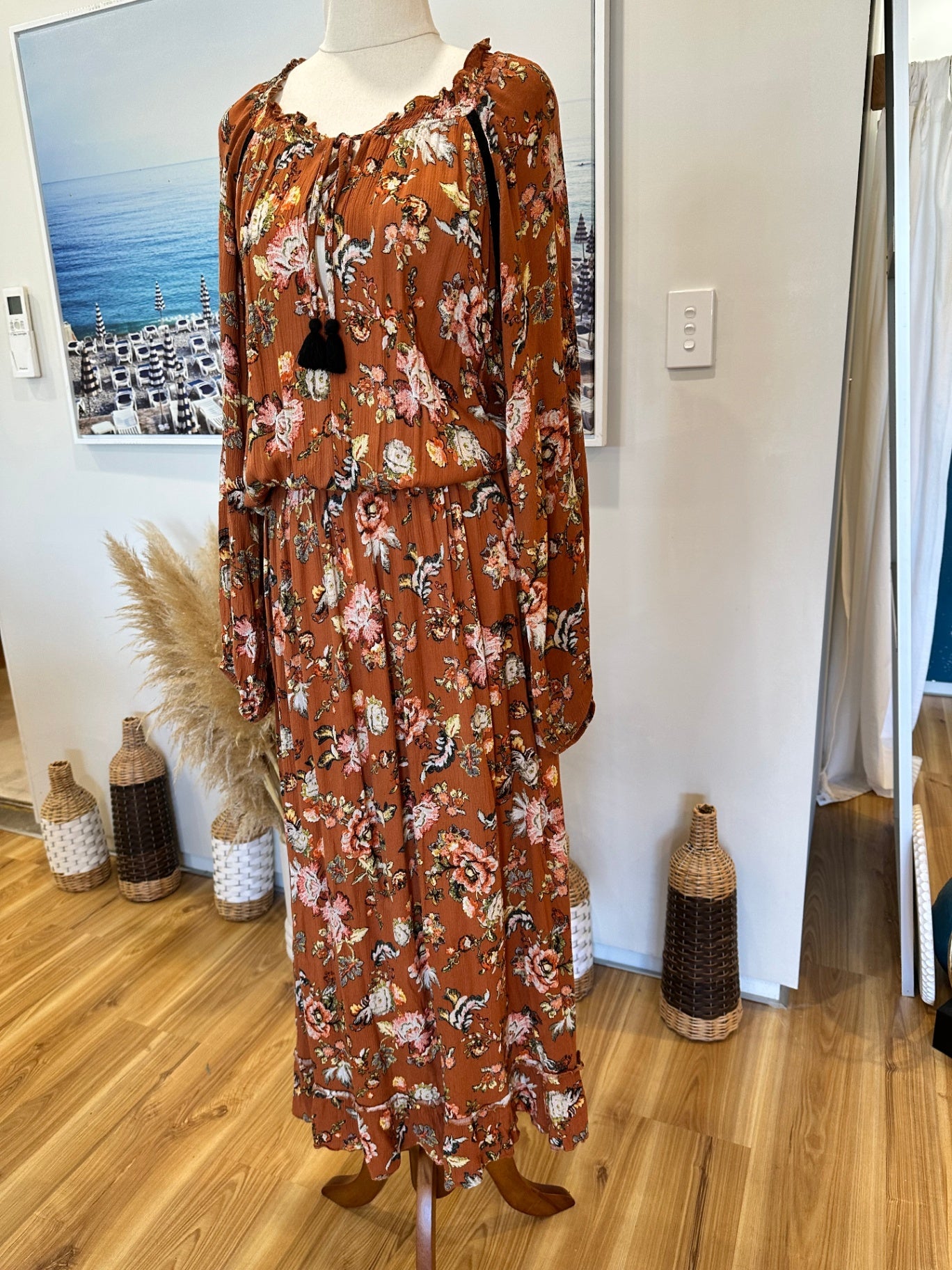 Isle of Mine - Bohemian Dress - Large / Extra Large - Brown with floral print