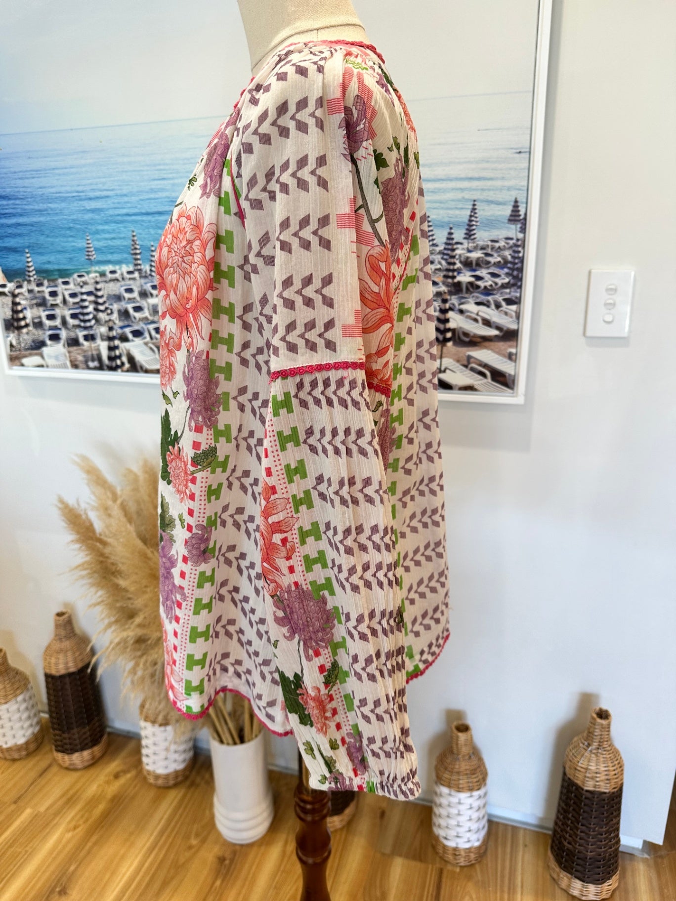 Place du Soleil - Bohemian Blouse - Medium White / Pink / Green - RRP: $225