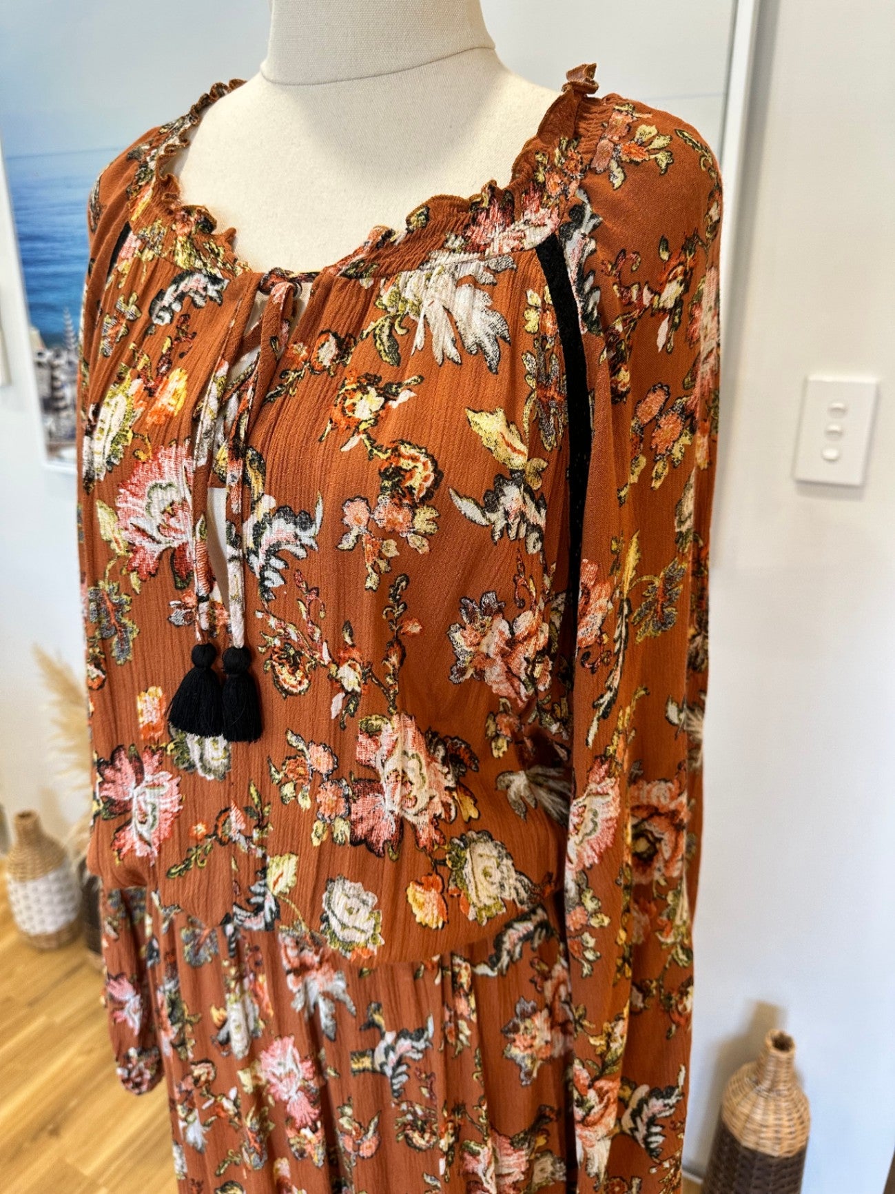 Isle of Mine - Bohemian Dress - Large / Extra Large - Brown with floral print