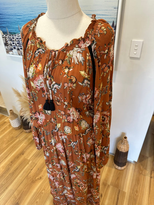 Isle of Mine - Bohemian Dress - Large / Extra Large - Brown with floral print