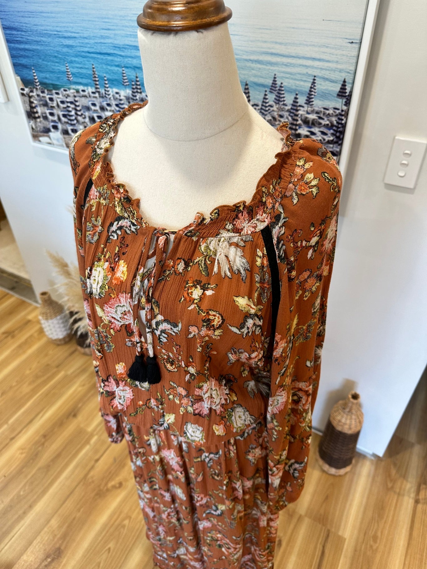 Isle of Mine - Bohemian Dress - Large / Extra Large - Brown with floral print