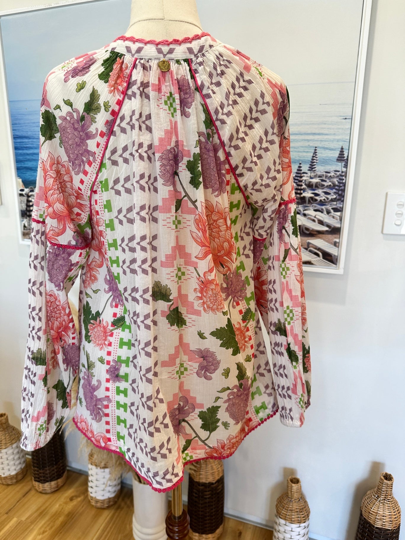 Place du Soleil - Bohemian Blouse - Medium White / Pink / Green - RRP: $225