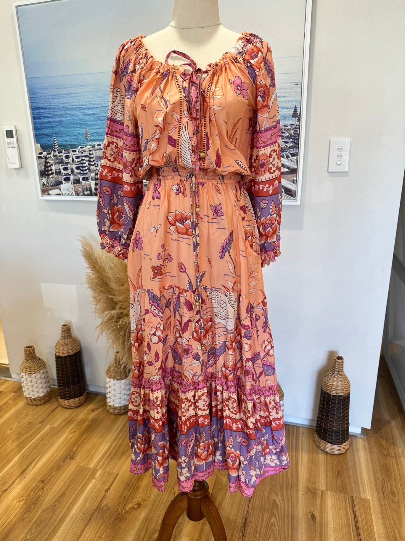 [NEW] Jaase Dress - Small - Peach with pink, purple, and white floral print