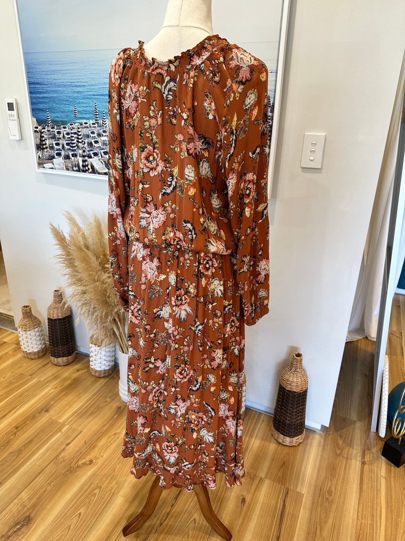Isle of Mine - Bohemian Dress - Large / Extra Large - Brown with floral print