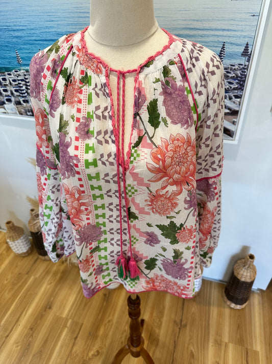 Place du Soleil - Bohemian Blouse - Medium White / Pink / Green - RRP: $225